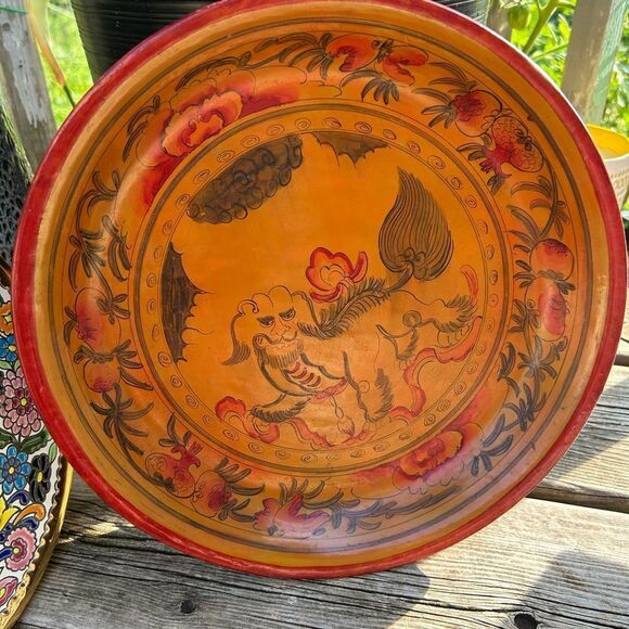 Set of 2 Wax Stamped Vintage Asian Hand Painted Floral Wooden Plates - Picture 2 of 16